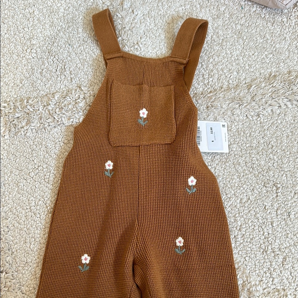 Zara Brown Knit Kids Overalls with Floral Embroidery NWT 18-24 months - Picture 2 of 3